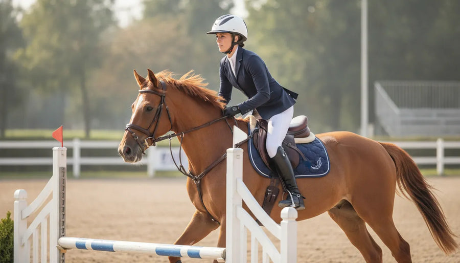 Show jumping rider wearing a well-fitted horse jumping helmet while approaching an arena fence