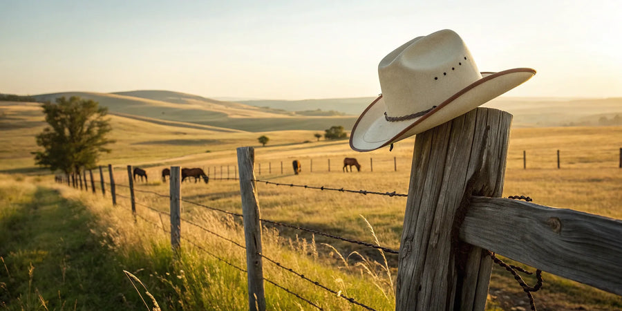 A cowboy hat on a fence post, the classic style behind a protective helmet cover.