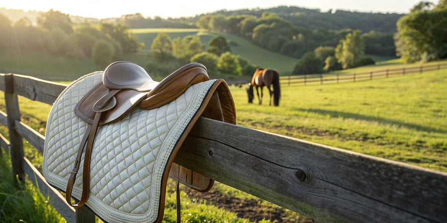 A CSI saddle pad for sale rests on a fence with a horse in a pasture.