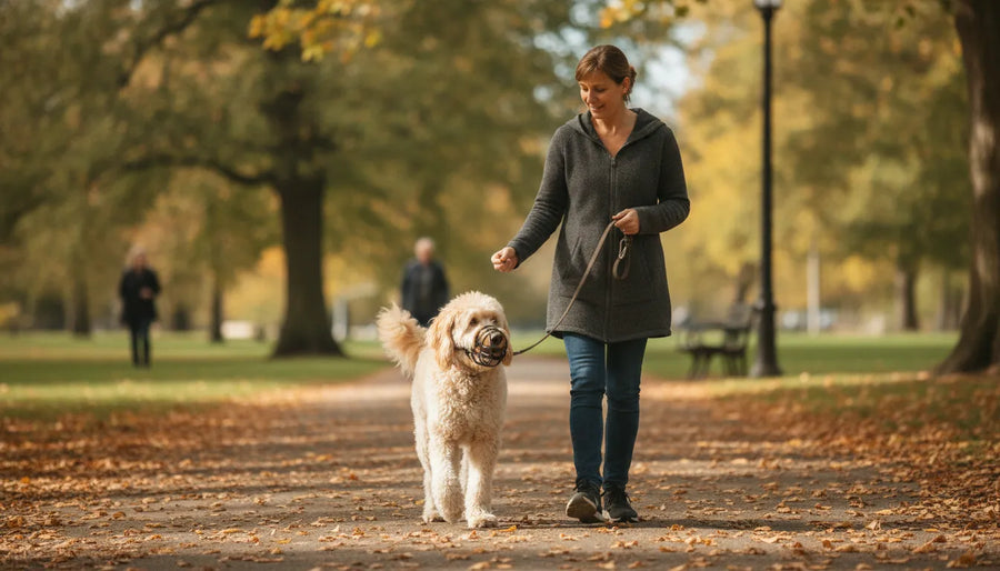 A calm dog wearing a basket muzzle on a walk with its owner