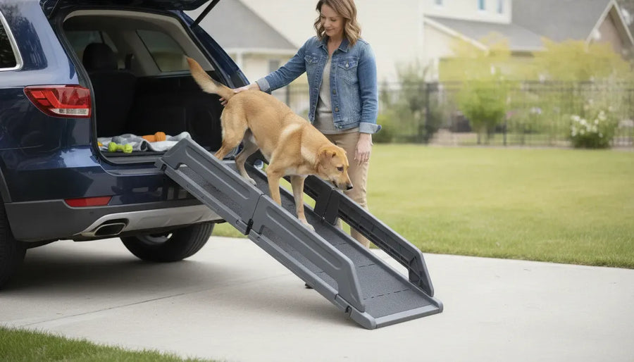 Dog using a textured dog ramp to enter an SUV with an owner nearby