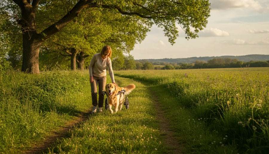 Dog using a supportive mobility cart on a grassy path