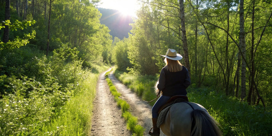 A rider wearing a cowboy hat helmet, a safe choice for western horse riding.