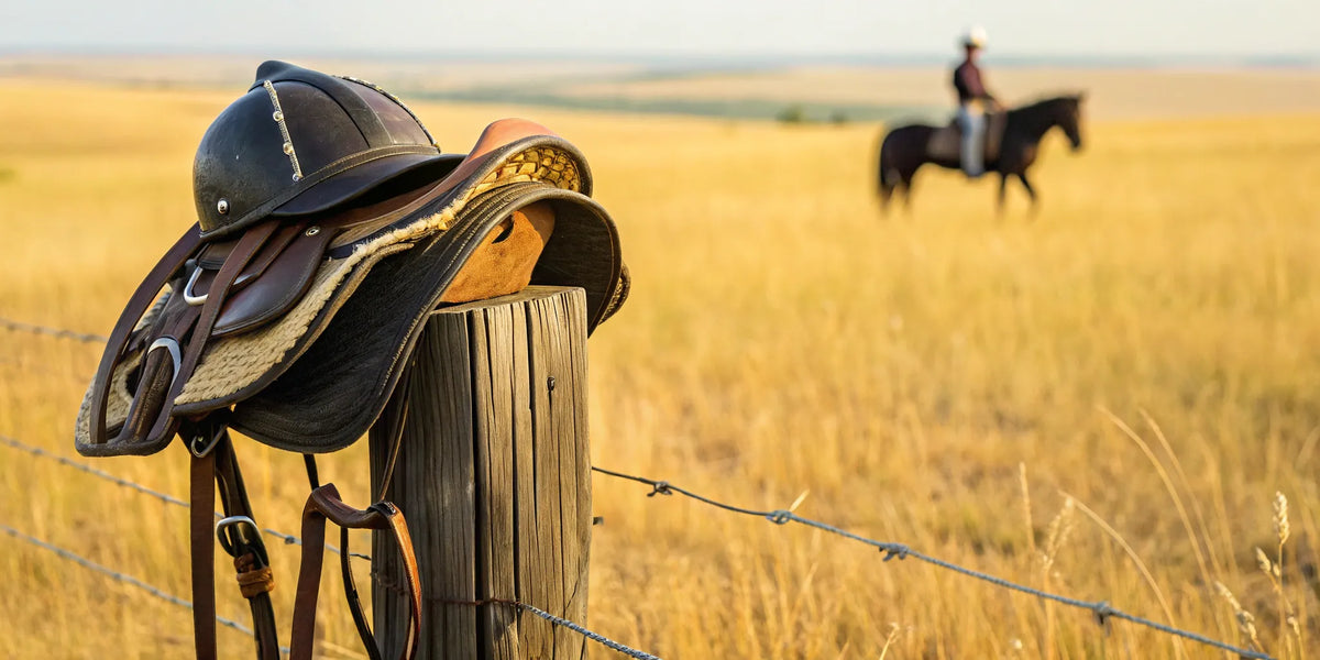 A safe and stylish western riding helmet on a fence post.