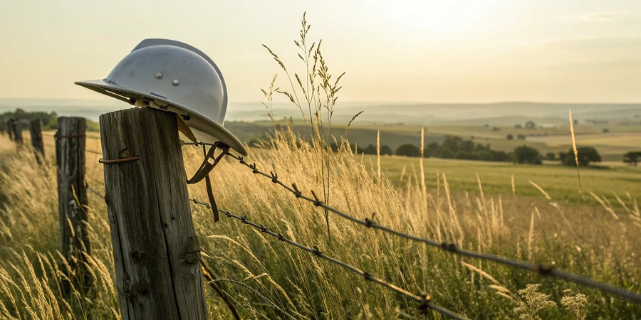 A protective cowboy helmet on a fence post, the right choice for rider safety and style.