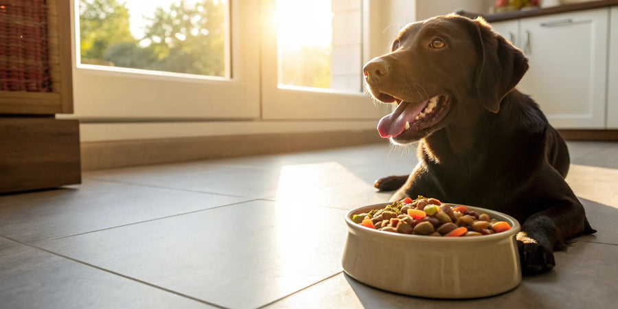 Chocolate lab eating digestive support dog food from a bowl.