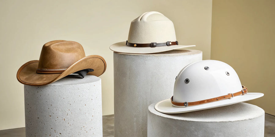 A kids cowboy hat helmet next to a traditional cowboy hat and a standard riding helmet.