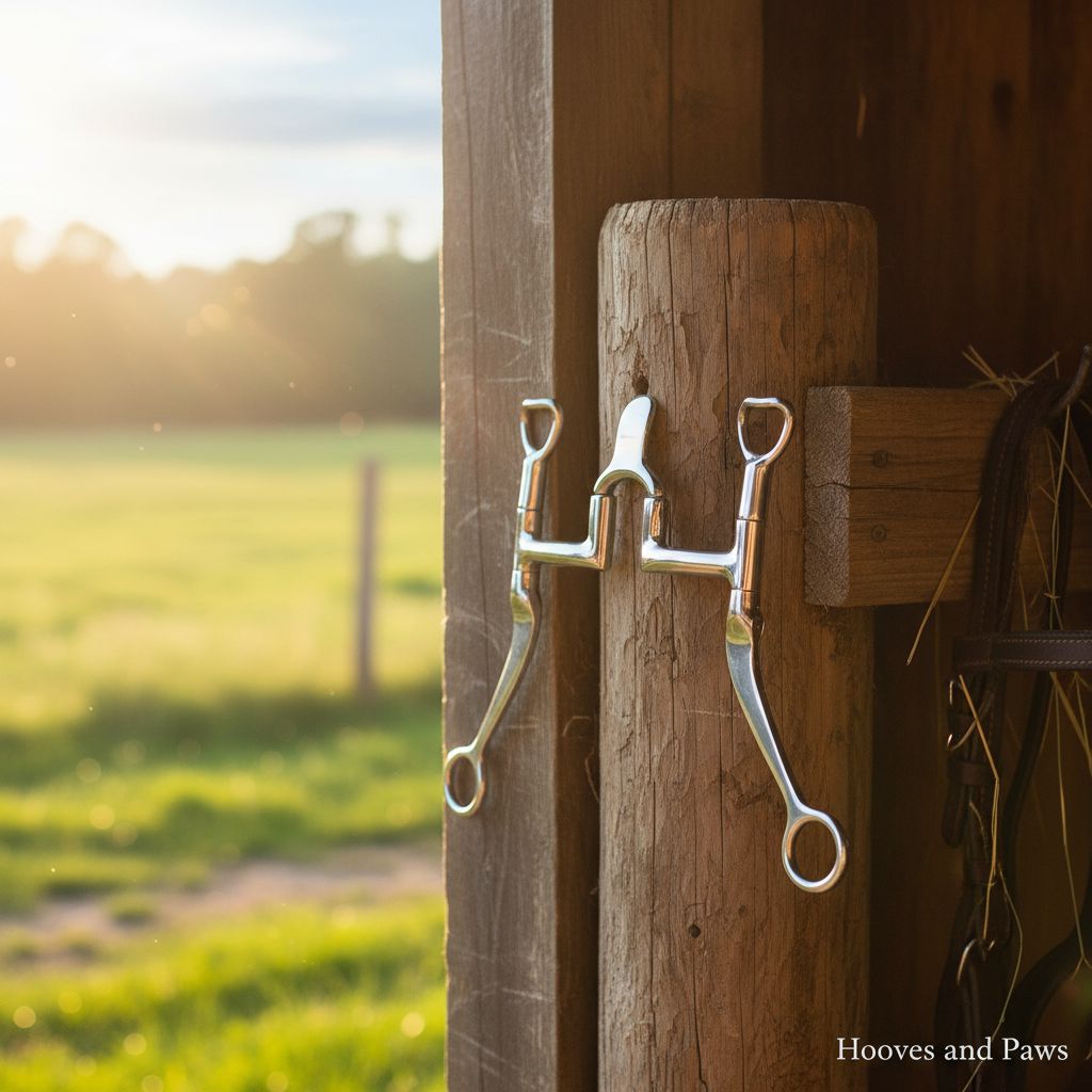 Myler MB 29 Sweet Iron horse bit with cathedral port and stainless steel shanks, offering ultimate horse comfort, hanging on a rustic wooden post in a sunlit equestrian setting.