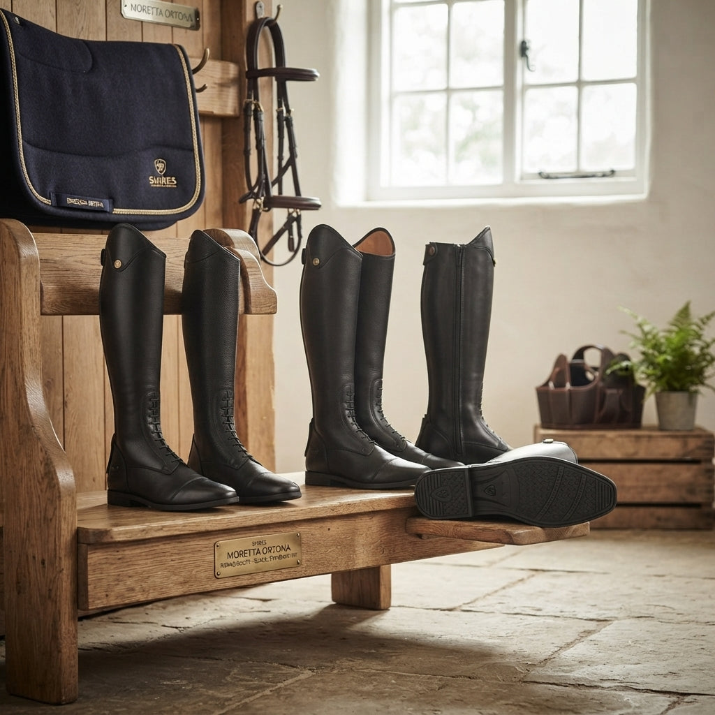 Lifestyle photo of Shires Moretta Ortona Riding Boots - Black, Standard Fit, Milled Cow Leather Dressage Cut