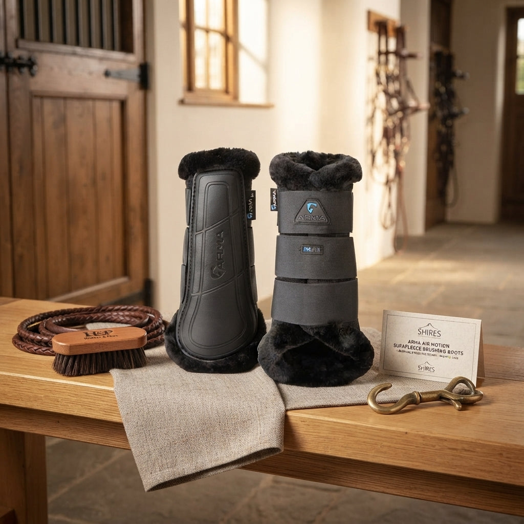 Lifestyle photo of Shires Arma Air Motion Supafleece Brushing Boots - Breathable Horse Leg Protection - Multiple Sizes