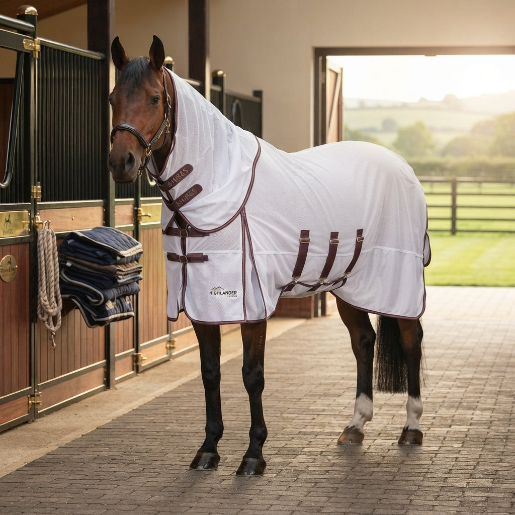 Lifestyle photo of Shires Highlander Plus Horse Fly Sheet and Detachable Neck Set - White - Multiple Sizes