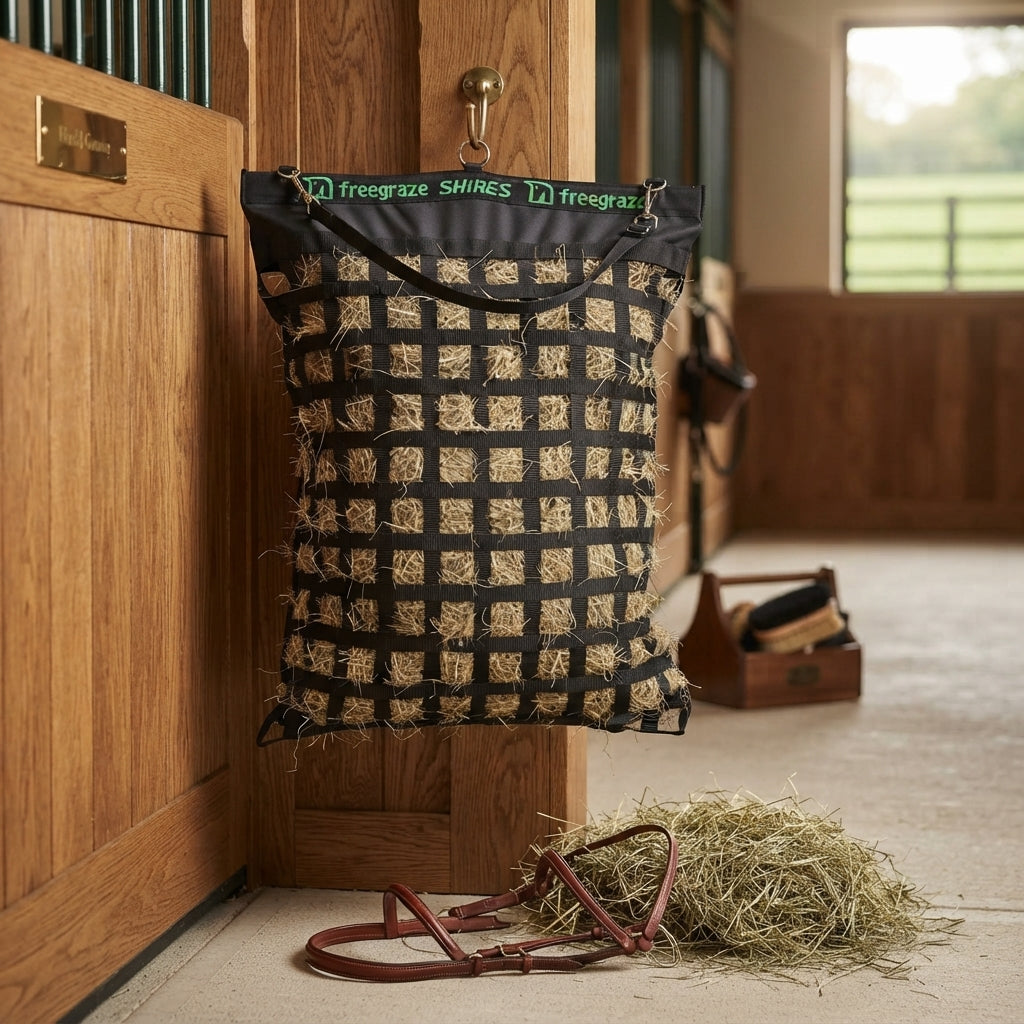 Lifestyle photo of Shires FreeGraze Deluxe Web Hay Bag - Premium Slow Feed Equestrian Forage Bag