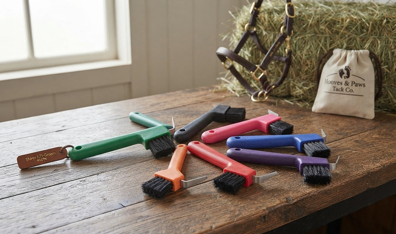 Lifestyle photo of Shires EZI-Groom Hoof Brush and Pick #1094 - Ergonomic Horse Grooming Tool with Nylon Bristles and Metal Pick