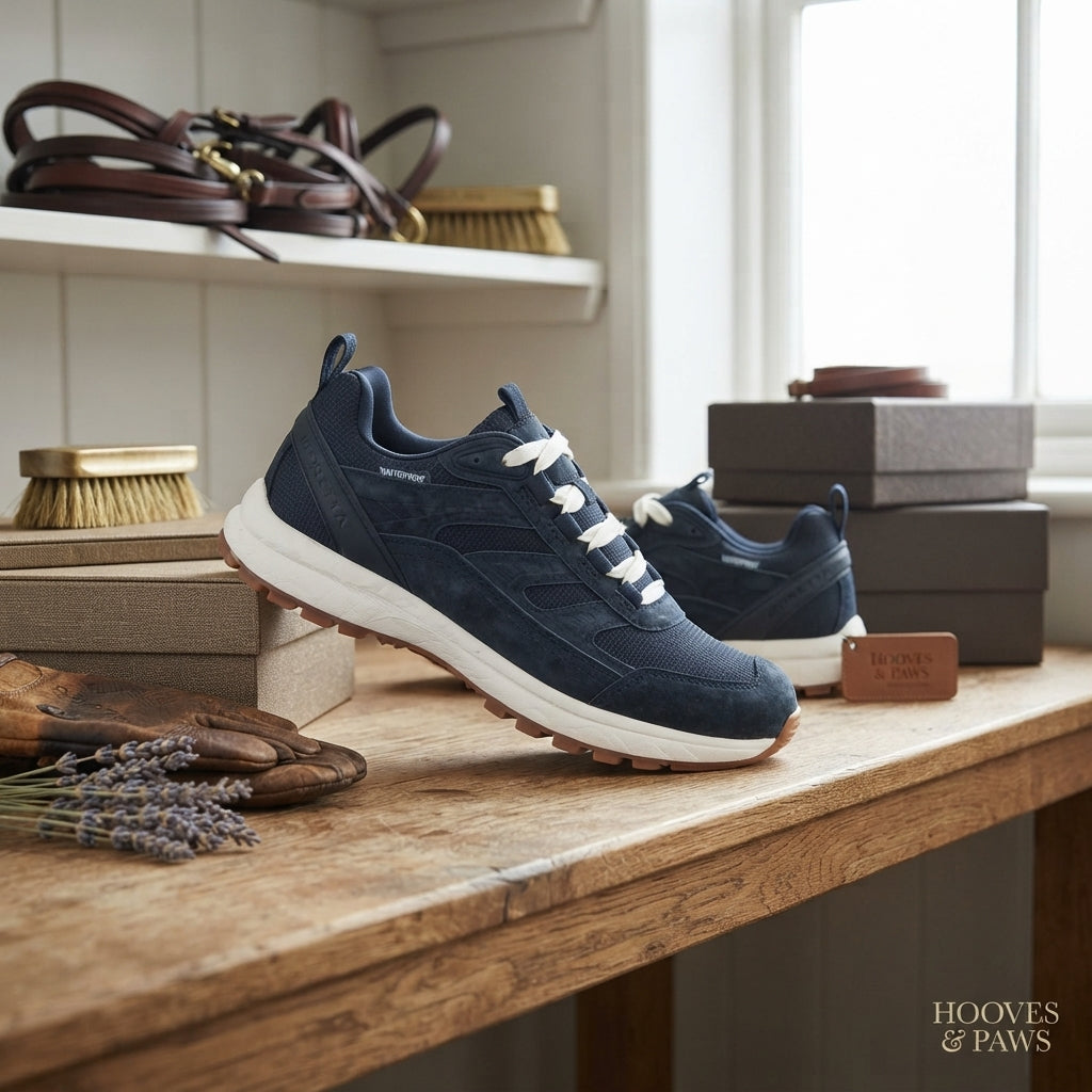 Lifestyle photo of Shires Moretta Mossa Trail Trainers - Navy - Durable Equestrian Barn & Riding Shoes