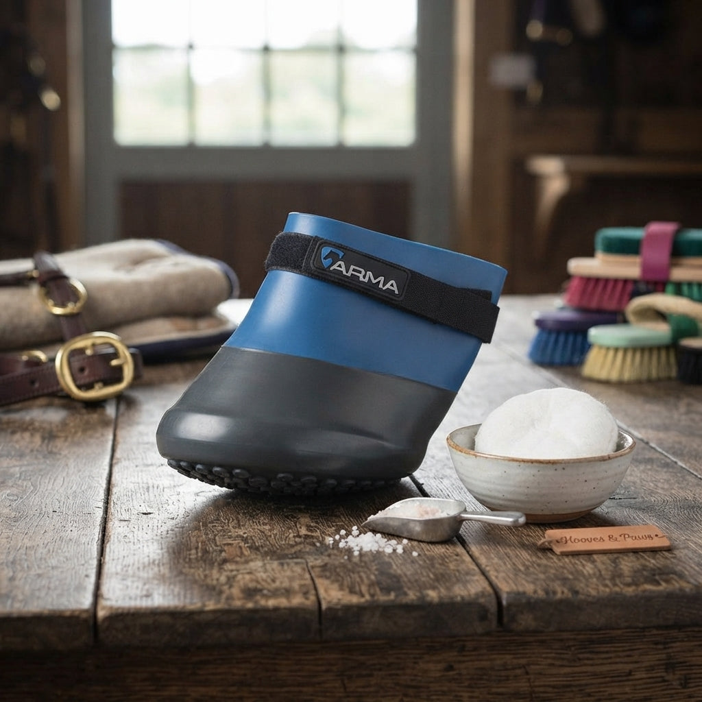 Lifestyle photo of Shires Arma Poultice Boot - Blue - Durable Horse Hoof Protection for Soaking and Poulticing