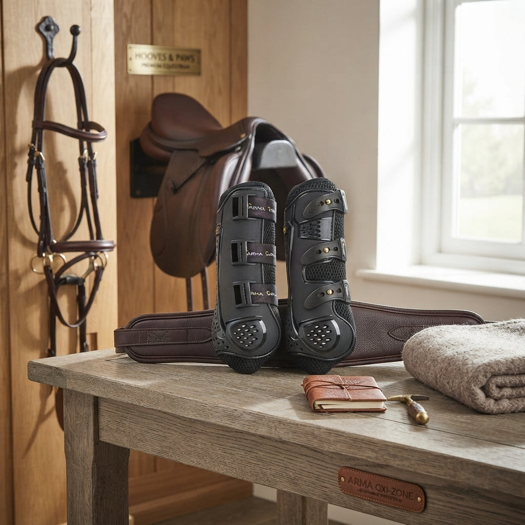 Lifestyle photo of Shires ARMA OXI-ZONE Training Boots - Premium Breathable Impact Protection Horse Leg Boots