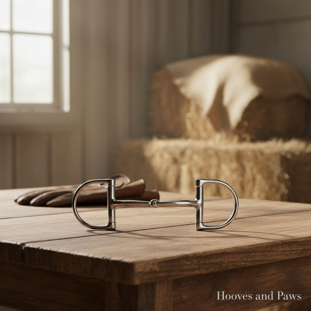 Shiny Myler MB 01 Dee Snaffle horse bit, stainless steel with comfort mouth and copper inlay, on a rustic wooden table, with riding gloves and hay bales blurred in the background of a barn.