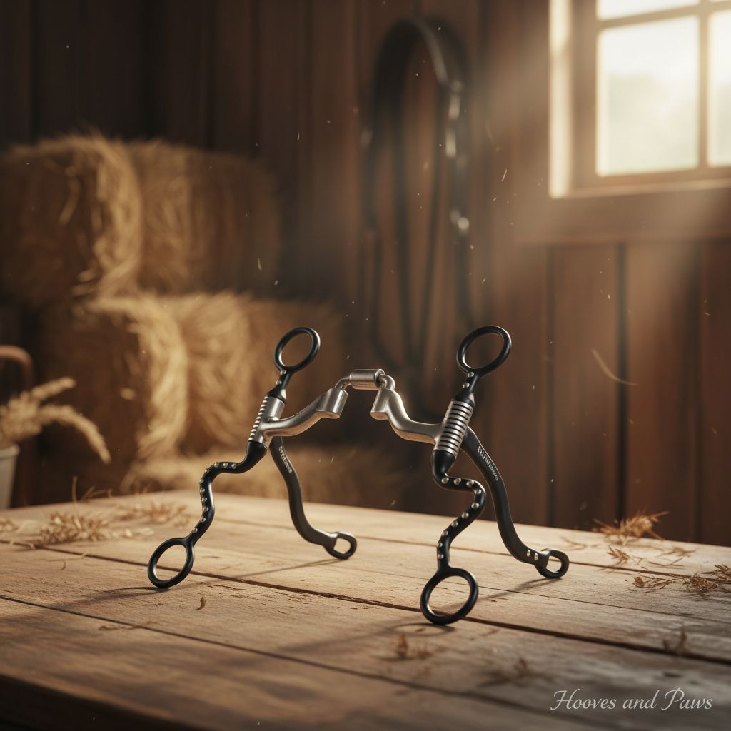 Myler Black Steel Seven Shank horse bit with Correctional Ported Barrel MB 41PB #89-13425 standing on a rustic wooden table in a sunlit barn with hay bales.