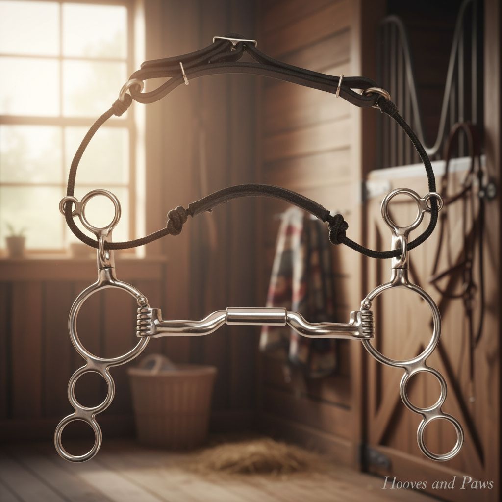 A Myler MB 06 combination horse bit with a sweet iron mullen barrel mouthpiece and 6-inch shanks, hanging in a sunlit barn.