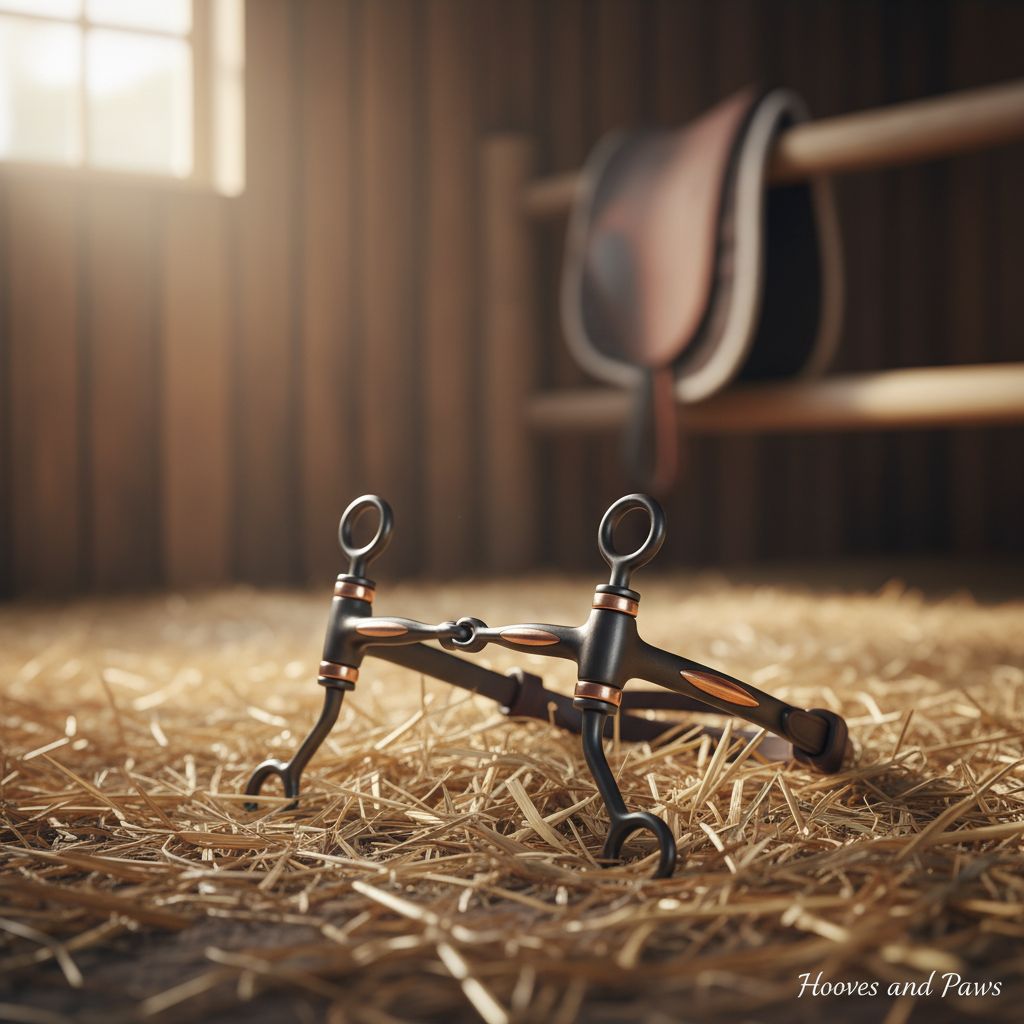Myler MB 02 Snaffle Bit with sweet iron and copper inlays, lying on golden hay in a sunlit barn with a blurred saddle in the background.