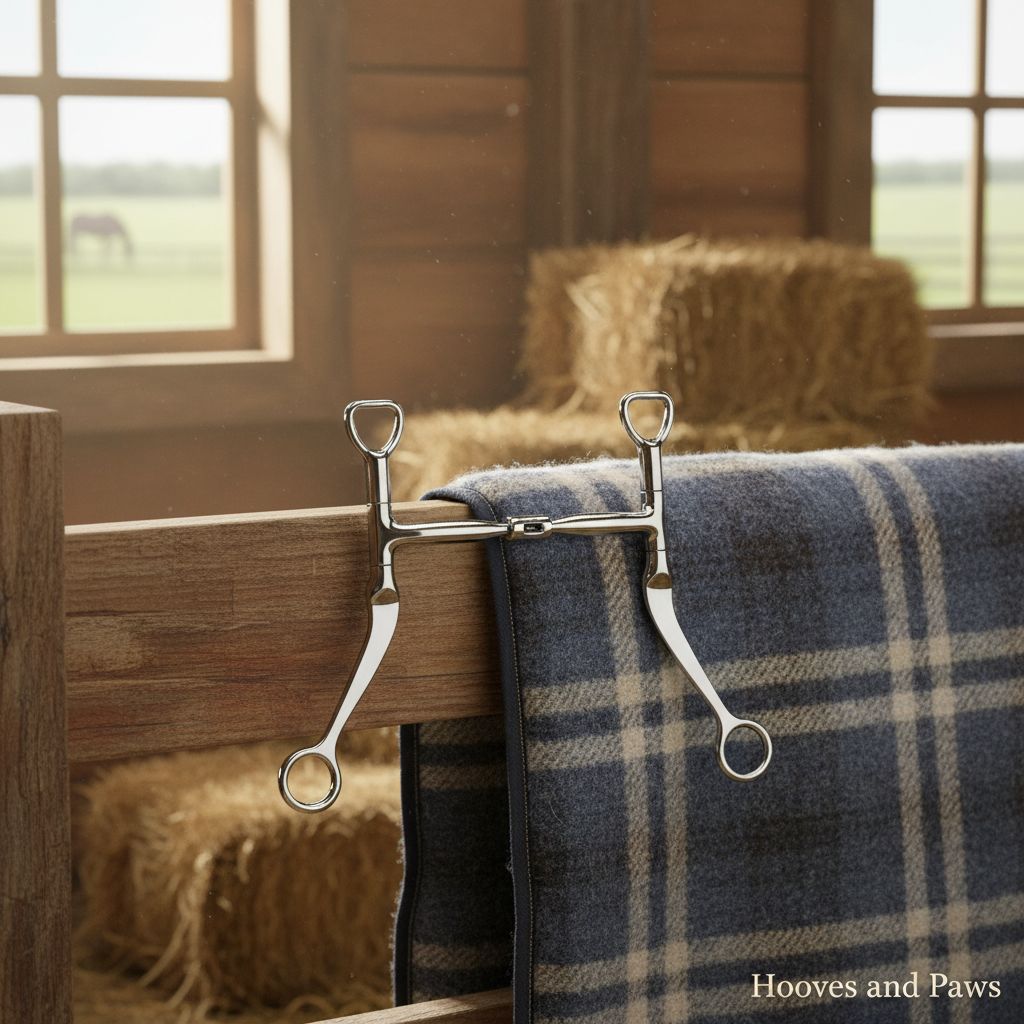 Myler MB 01 Comfort Snaffle horse bit, sweet iron & copper inlay, hanging on a wooden fence with a blue and tan plaid blanket. Rustic barn setting with hay bales and a horse in a distant field.