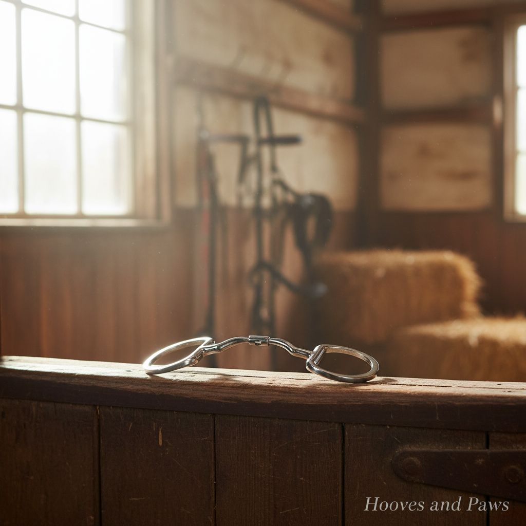 Myler MB 33WL Eggbutt Snaffle horse bit with wide ported barrel for dressage, resting on a rustic wooden stable door in a softly lit barn.