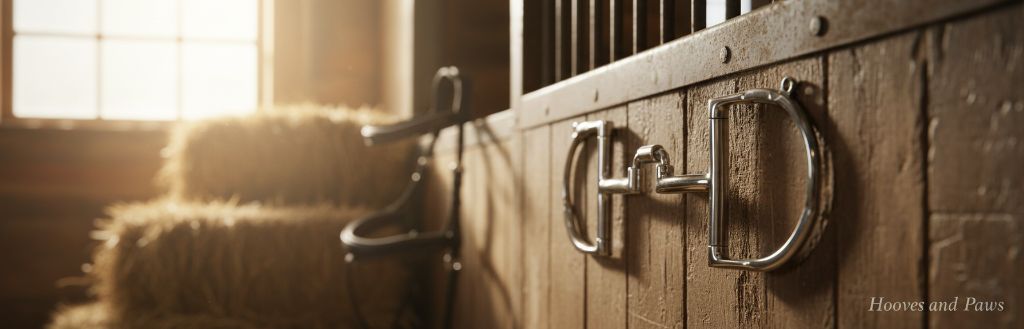 Myler 27PB Stainless Steel English Dee with Hooks horse bits hang on a wooden stable wall, with sunlit hay bales in the blurred background.