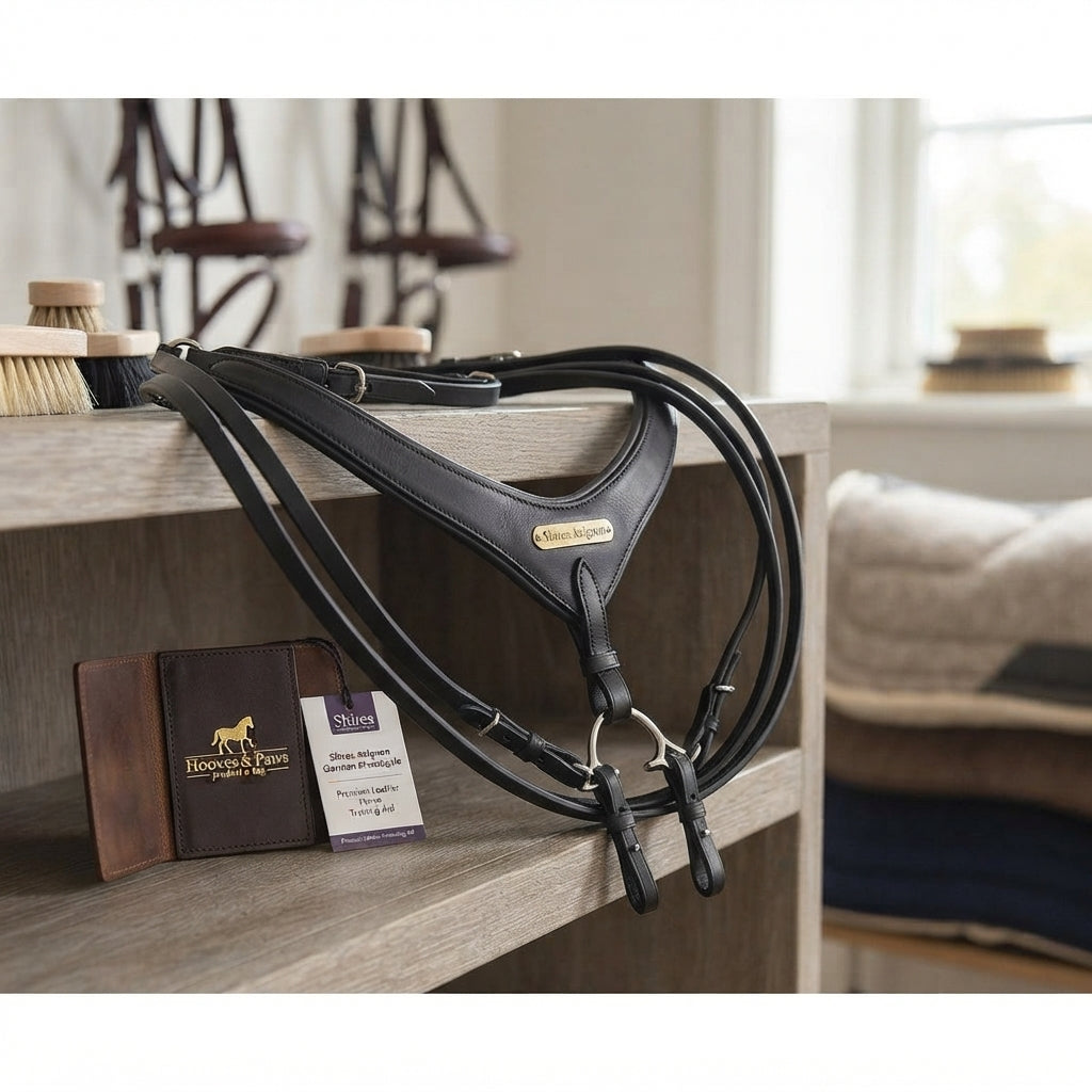 Lifestyle photo of Shires Avignon German Martingale - Premium Leather Horse Training Aid with Reins