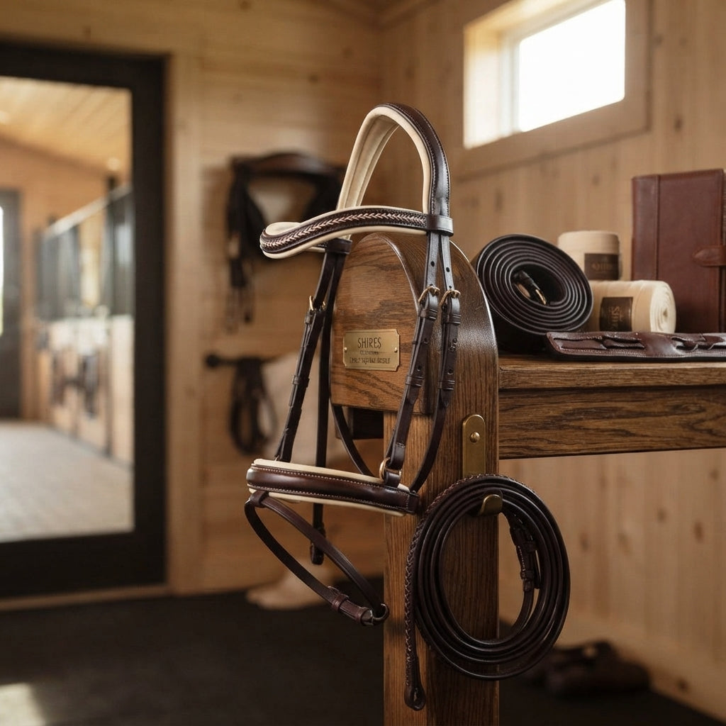 Lifestyle photo of Shires Fancy Square Raised Padded Leather Horse Bridle with Fancy Square Laced Reins