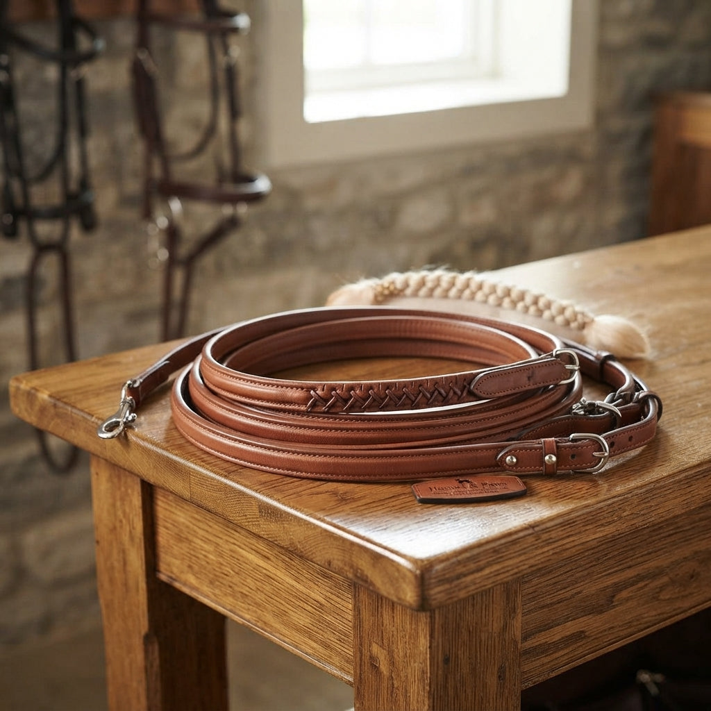 Lifestyle photo of Shires Fancy Square Raised Laced Reins - Oak Bark Premium English Bridle Leather
