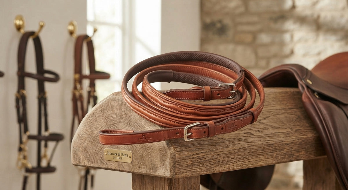 Lifestyle photo of Shires Fancy Raised Rubber Reins - Oak - Premium Leather English Bridle Reins