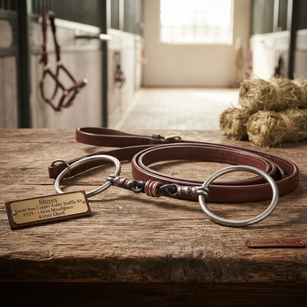 Lifestyle photo of Shires Sweet Iron Copper Roller Snaffle Bit #509 - 14mm Mouthpiece 65mm Cheek