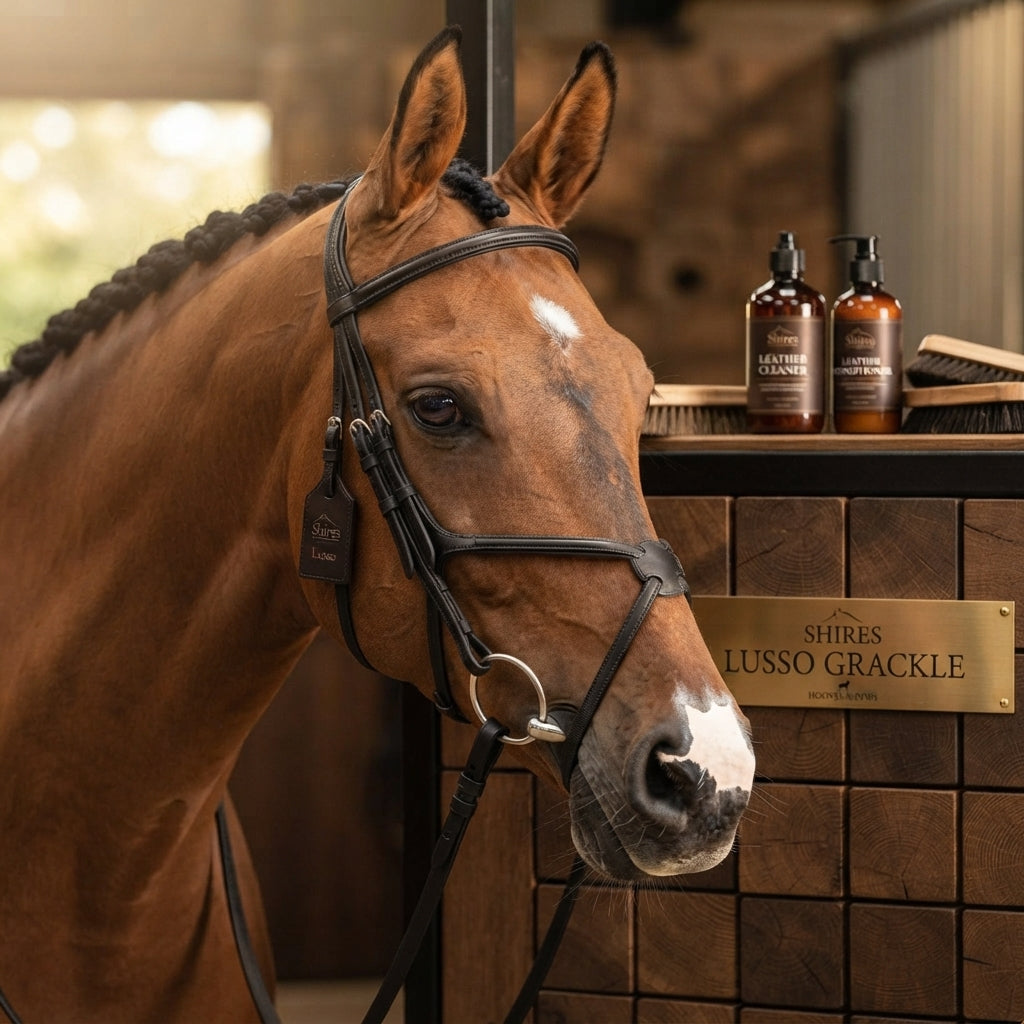 Lifestyle photo of Shires Lusso Grackle Bridle - Premium Leather Equestrian Horse Bridle - Multiple Sizes