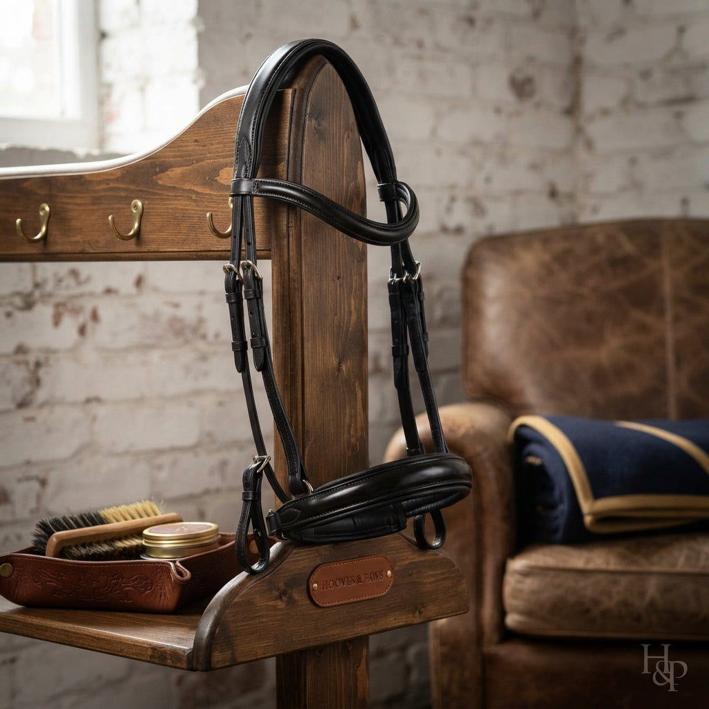 Lifestyle photo of Shires Lusso Ergonomic Curved Flash Bridle - Premium Anatomical Padded Leather Horse Tack