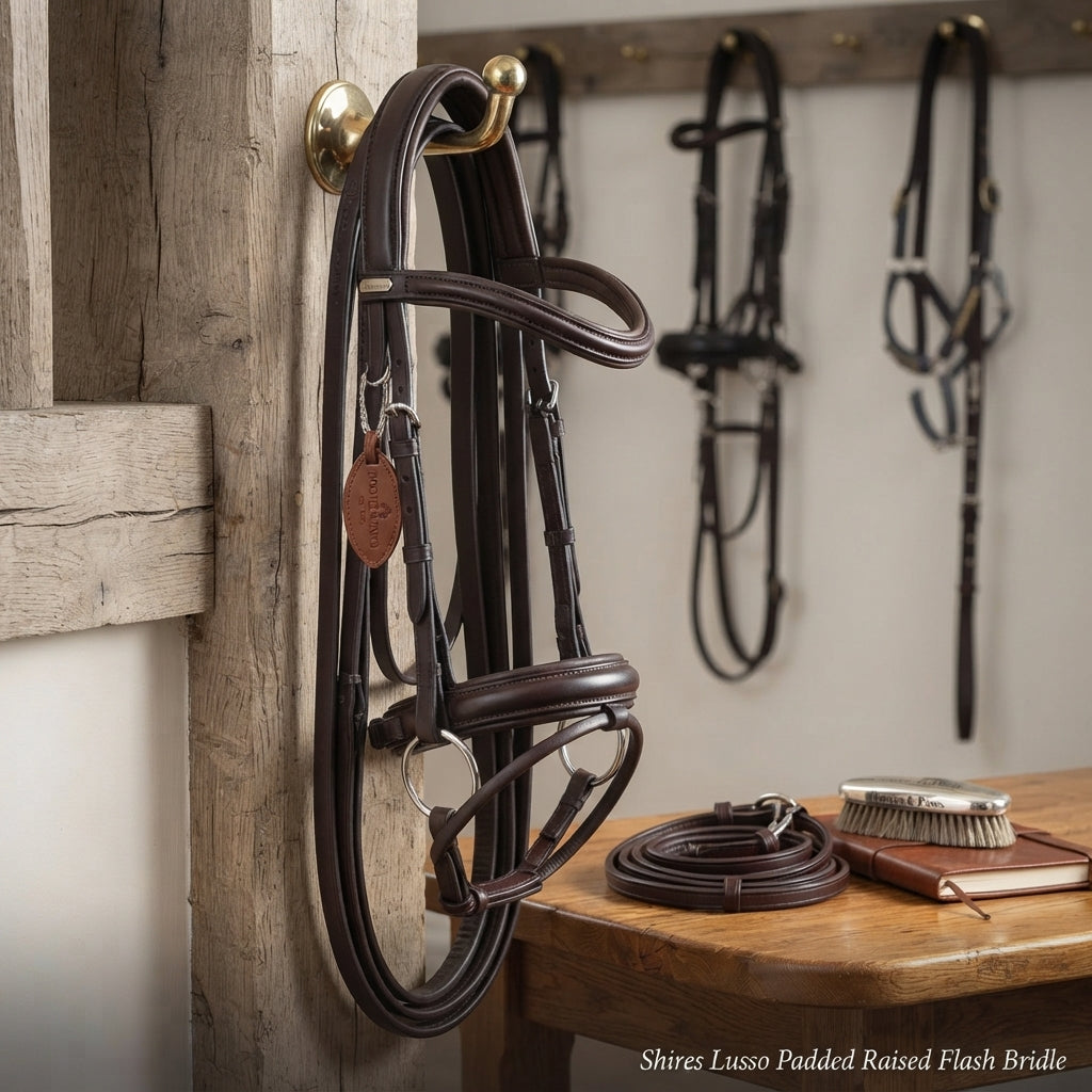 Lifestyle photo of Shires Lusso Padded Raised Flash Bridle - Premium Leather Equestrian Horse Tack - Multiple Sizes