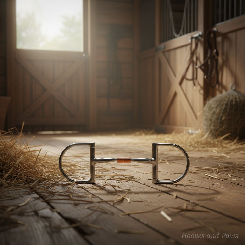 Myler MB 02 Comfort Snaffle horse bit, stainless steel with copper inlay, on a hay-strewn wooden barn floor with a sunlit stable in the background.