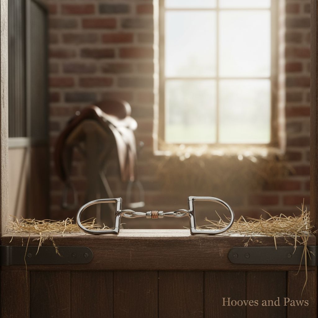 Myler MB 03T Comfort Snaffle horse bit, polished stainless steel D-rings with a copper roller, displayed on a wooden stable door with hay, in a rustic stable setting.