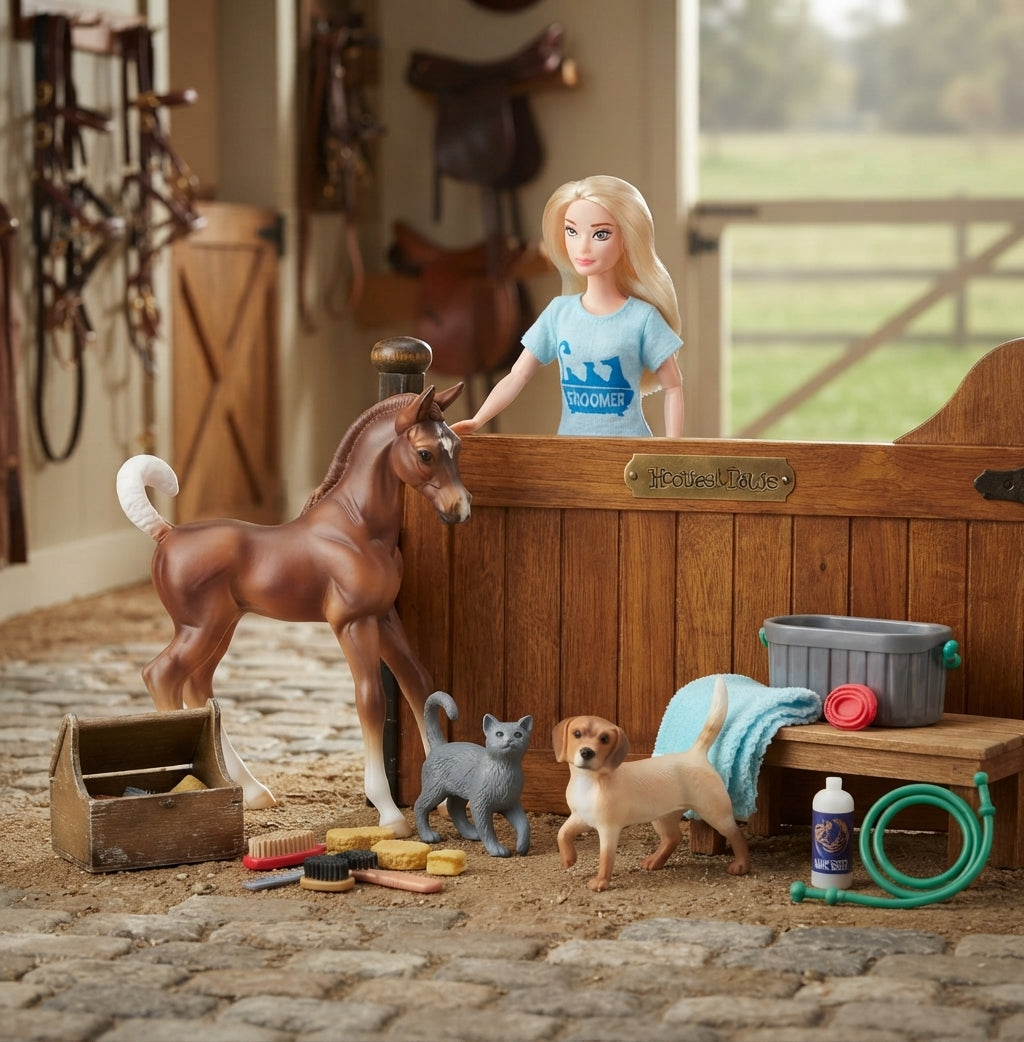 Lifestyle photo of Breyer Classics Pet Groomer Set - 1:12 Scale Horse and Pet Grooming Kit with 6-inch Doll