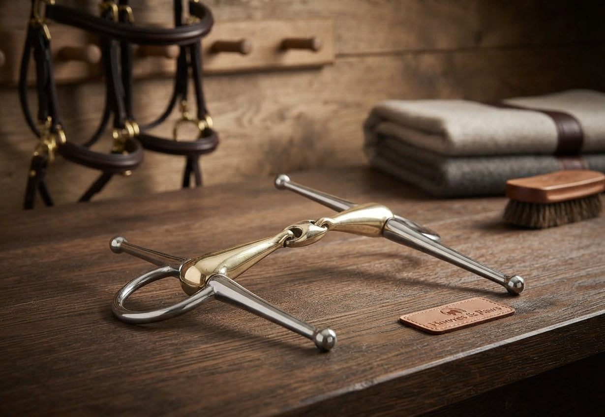 Lifestyle photo of Shires Full Cheek Snaffle Horse Bit with Lozenge - Brass Mouthpiece & Stainless Steel Cheeks