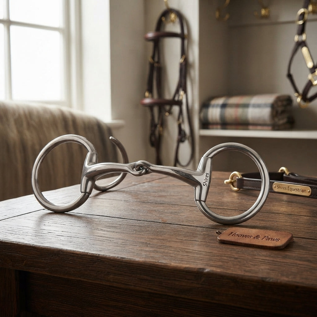 Lifestyle photo of Shires Standard Curved Mouth Eggbutt Snaffle Bit - Stainless Steel - Multiple Sizes