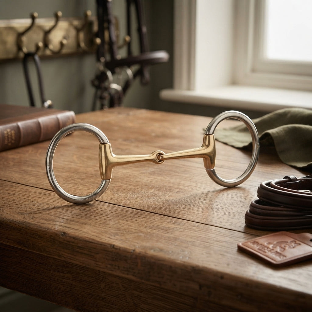 Lifestyle photo of Shires Brass Alloy Flat Ring Jointed Eggbutt Snaffle Bit - Multiple Sizes