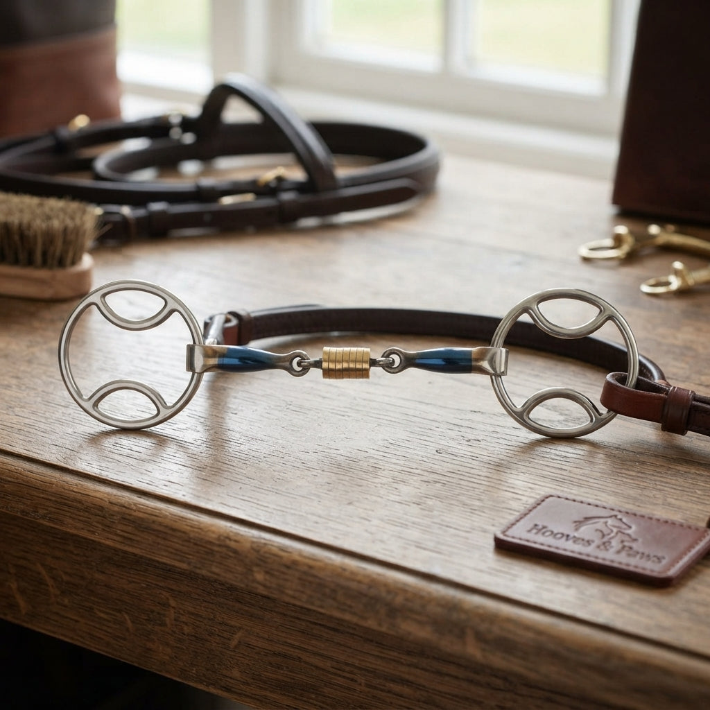 Lifestyle photo of Shires Blue Sweet Iron Bevel Bit with Roller Link - Equestrian Horse Bit - Multiple Sizes