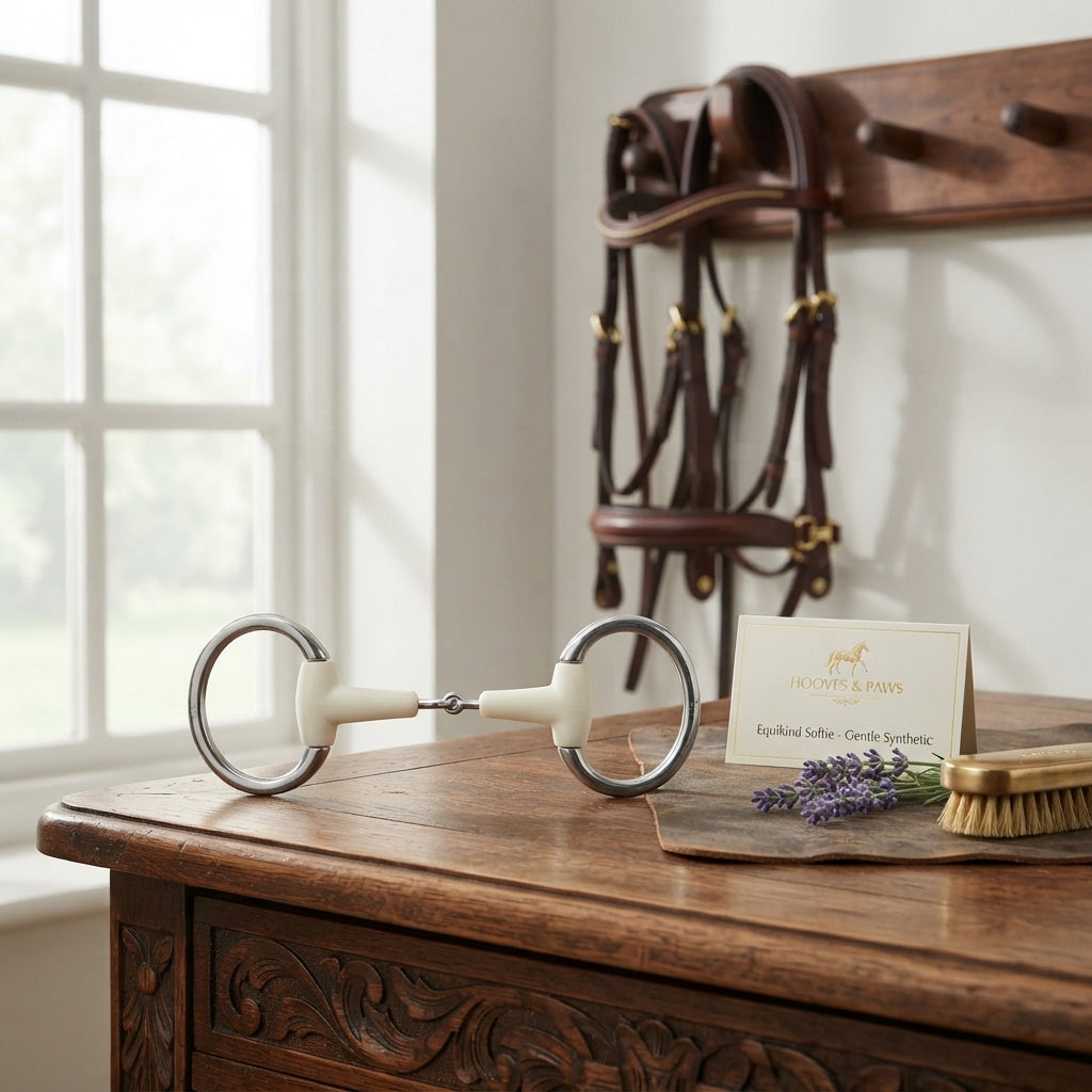 Lifestyle photo of Shires Equikind Softie Jointed Flat Eggbutt Bit - Gentle Synthetic Mouthpiece