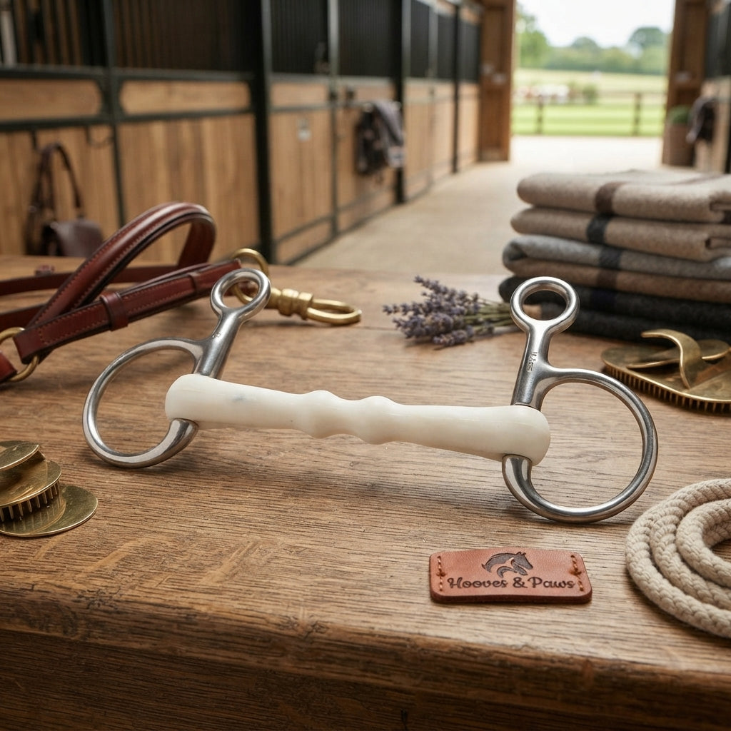 Lifestyle photo of Shires Equikind Softie Hanging Cheek Mullen Mouth Horse Bit - Soft Synthetic - Multiple Sizes