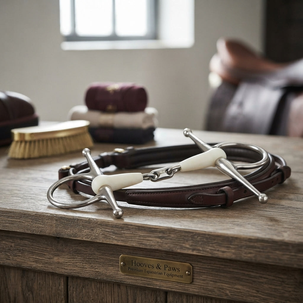 Lifestyle photo of Shires Equikind Softie Full Cheek Peanut Link Horse Bit - Synthetic Mouthpiece - Multiple Sizes