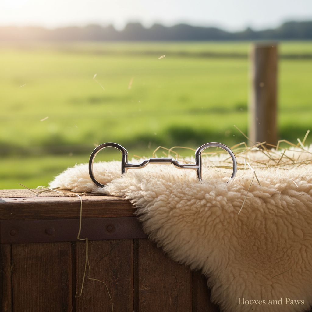 Myler Eggbutt Snaffle Bit with Mullen Low Port, dressage legal, resting on a cream sheepskin pad and wooden stable door, with hay and a bright, blurred green field in the background.