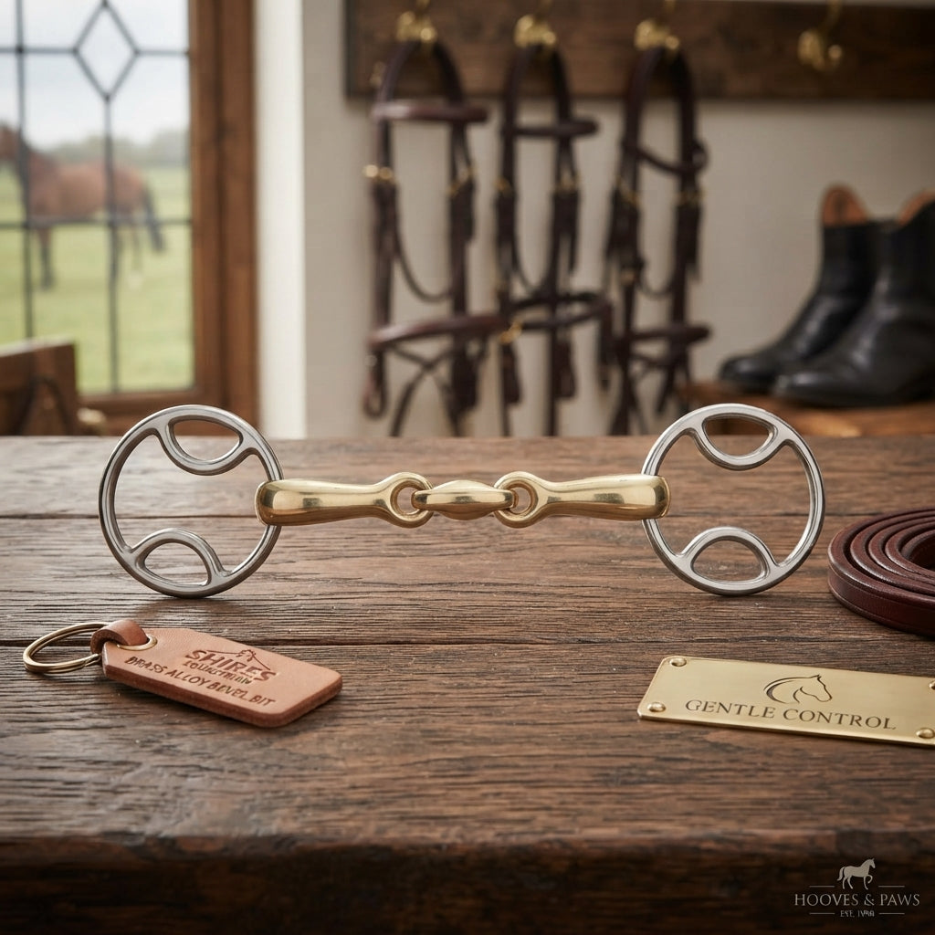 Lifestyle photo of Shires Brass Alloy Bevel Bit With Lozenge - Gentle Control Horse Training Bit - Multiple Sizes