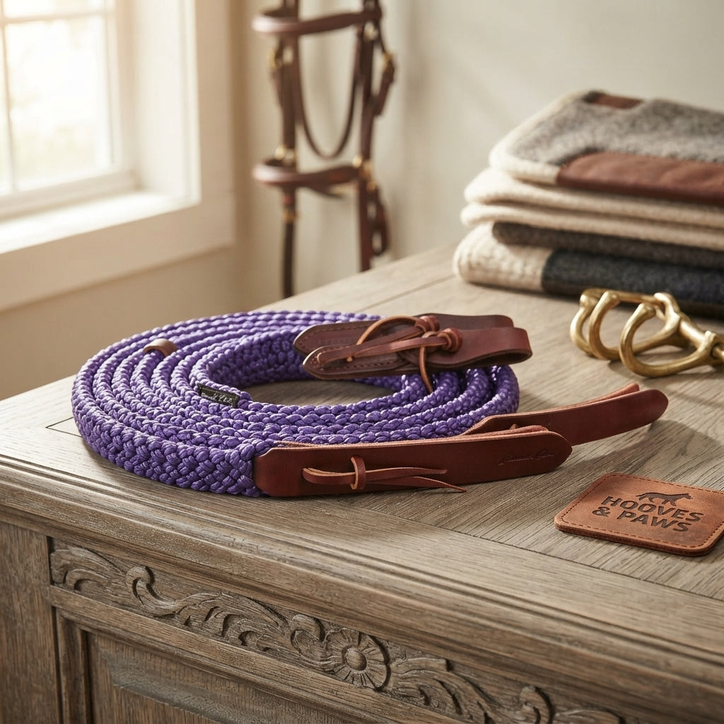 Lifestyle photo of Professional's Choice Quiet Control Split Reins - Purple - Weighted Soft Grip Cotton Poly Blend