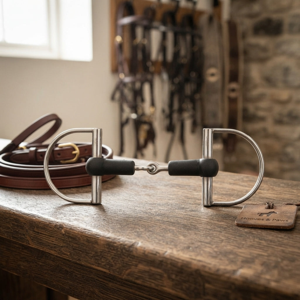Lifestyle photo of Shires Hunter Dee Horse Bit with Rubber Jointed Mouth - Stainless Steel