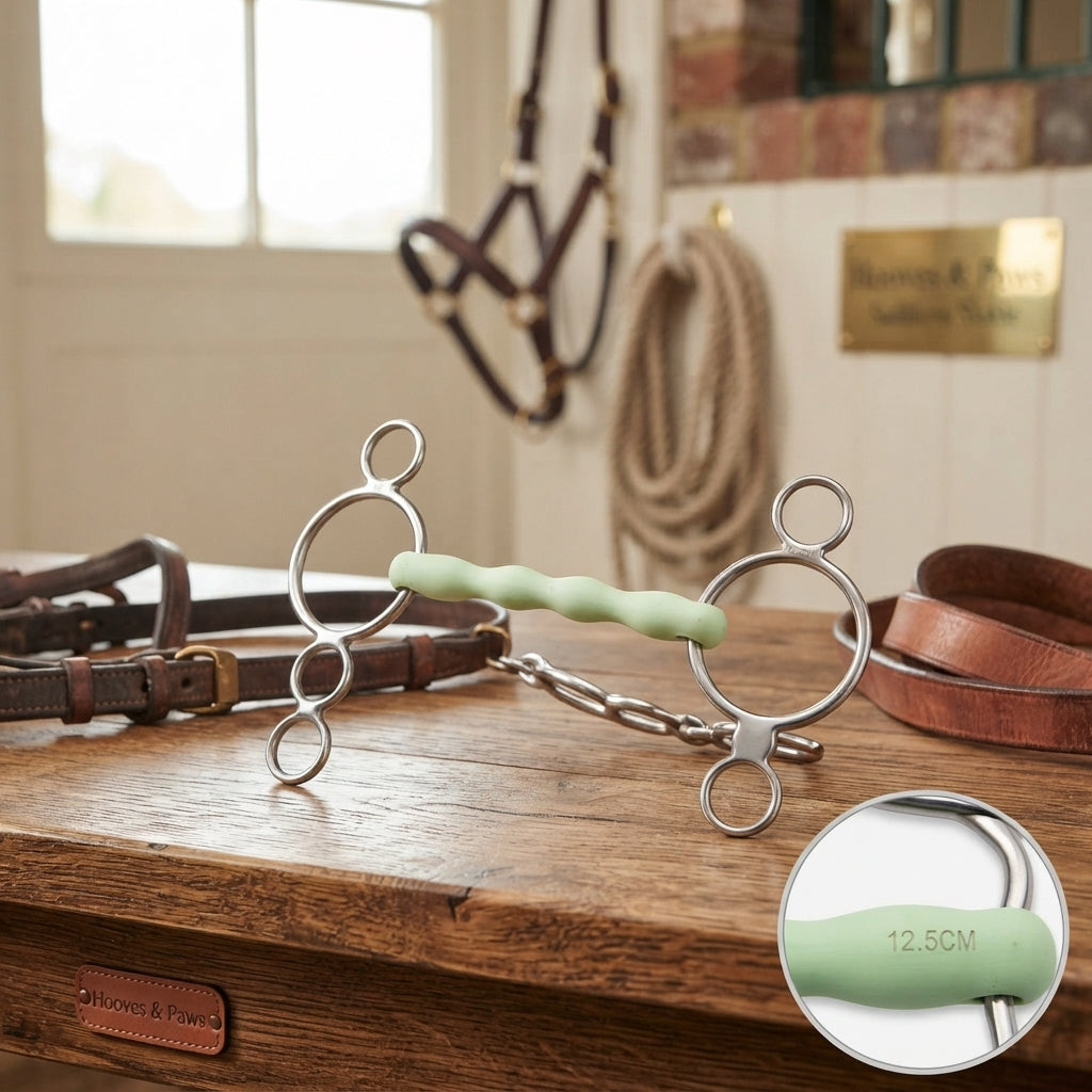 Lifestyle photo of Shires Equikind Three Ring Flexible Gag Bit - Stainless Steel - Multiple Sizes